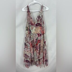 NWT Adrianna 100% Silk Paisley Print Handkerchief Hem V Neck Dress Multicolor 16